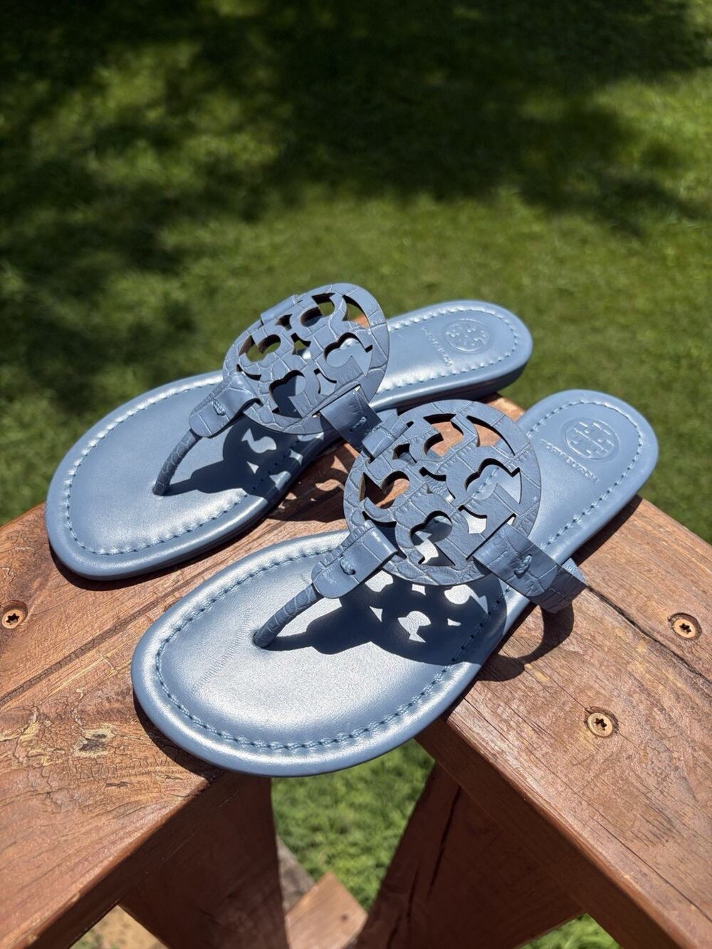 NWOB Tory Burch Miller Croco Emboss Powder Blue Sandal Size 6.5 MSRP $228